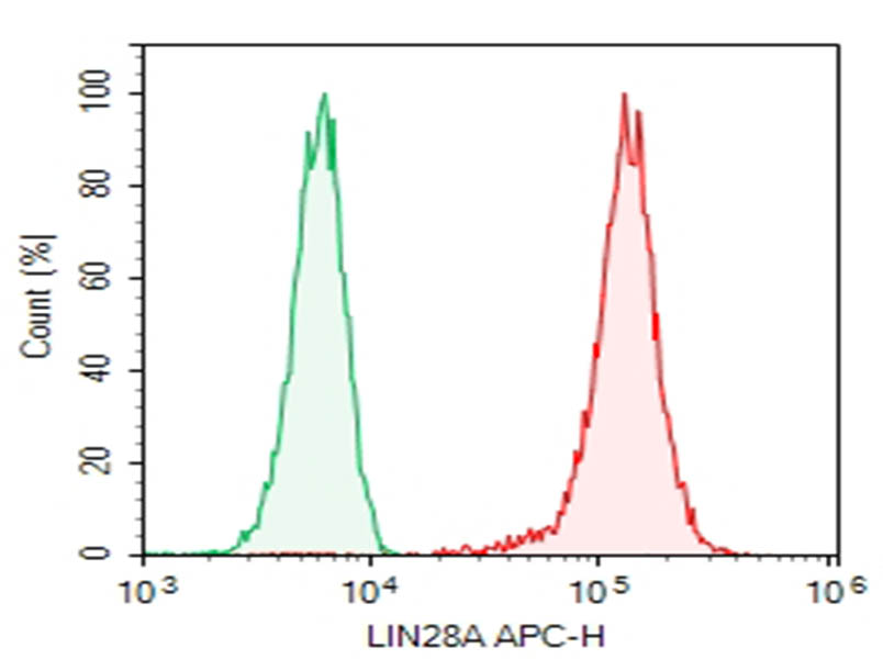 NTERA-2 cells were stained with 0.2 ug Purified Anti-Human LIN28A Antibody[14E6-4E6] (Right) and 0.2 ug Mouse IgG2a, &kappa; Isotype Control(Left), followed by APC-conjugated Goat Anti-Mouse IgG Secondary Antibody.