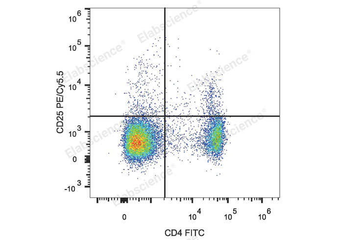 C57BL/6 murine splenocytes are stained with PE/Cyanine5.5 Anti-Mouse CD25 Antibody and FITC Anti-Mouse CD4 Antibody.