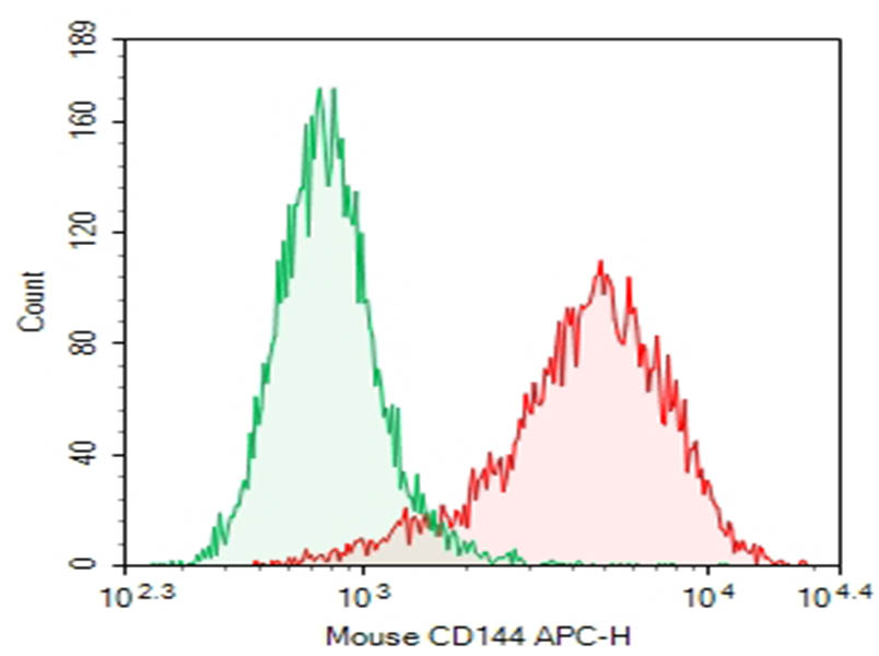 BEND.3 cells were stained with 0.2 ug Purified Anti-Mouse CD144 Antibody[BV13] (Right) and 0.2 ug Rat IgG1, &kappa; Isotype Control(Left), followed by APC-conjugated Goat Anti-Rat IgG Secondary Antibody.