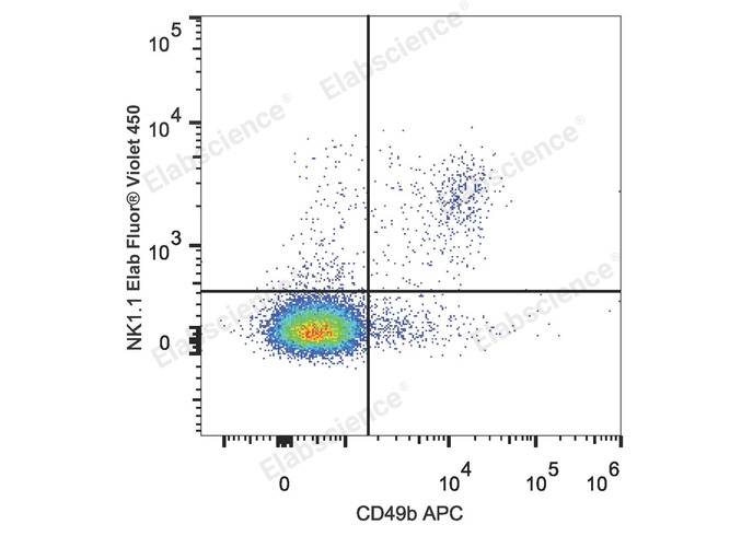 C57BL/6 murine splenocytes are stained with Elab Fluor® Violet 450 Anti-Mouse CD161/NK1.1 Antibody and APC Anti-Mouse CD49b Antibody.