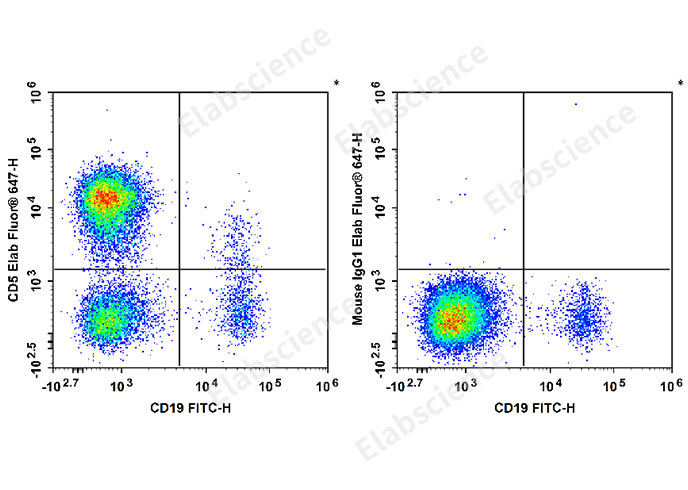 Human peripheral blood lymphocytes are stained with FITC Anti-human CD19 Antibody and Elab Fluor® 647 Anti-Human CD5 Antibody[5D7] (Left). Lymphocytes are stained with FITC Anti-human CD19 Antibody and Elab Fluor® 647 Mouse IgG1, κ Isotype Control (Right).