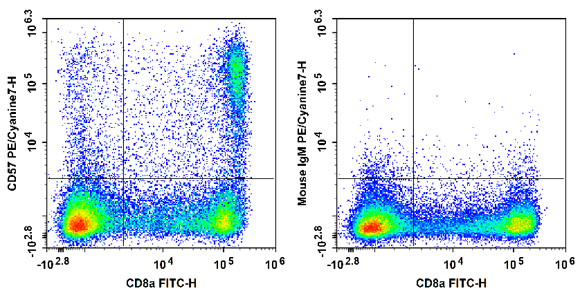 Human peripheral blood lymphocytes are stained with PE/Cyanine7 Anti-Human CD57 Antibody (filled gray histogram). Unstained lymphocytes (empty black histogram) are used as control.