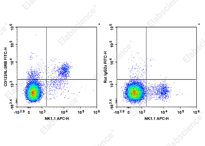 C57BL/6 murine splenocytes are stained with APC Anti-Mouse NK1.1 Antibody and FITC Anti-Mouse CD122 Antibody (Left). Splenocytes are stained with APC Anti-Mouse NK1.1 Antibody and FITC Rat IgG2a, κ Isotype Control (Right).