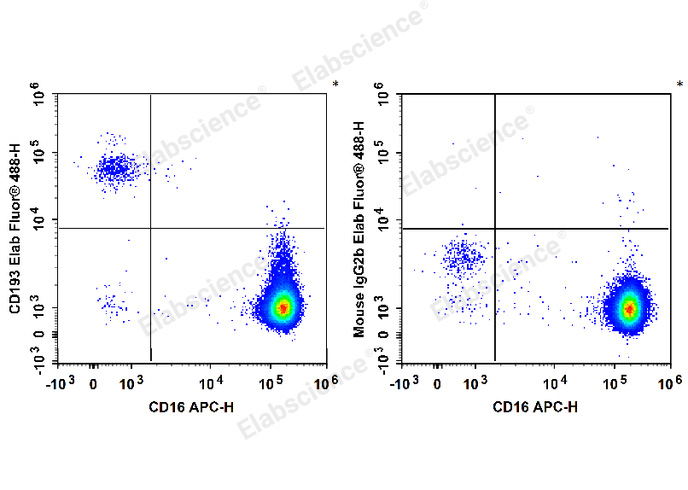 Human peripheral blood granulocytes are stained with APC Anti-Human CD16 Antibody and Elab Fluor® 488 Anti-Human CD193/CCR3 Antibody (Left). Granulocytes are stained with APC Anti-Human CD16 Antibody and Elab Fluor® 488 Mouse IgG2b,κ Isotype Control (Right).