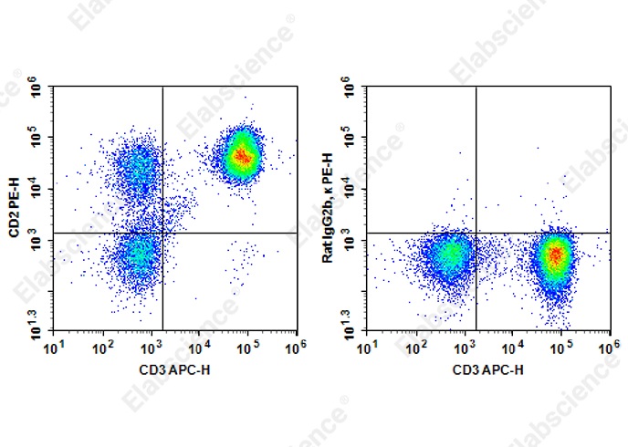 Staining of normal human peripheral blood cells with APC Anti-Human CD3 Antibody and PE Anti-Human CD2 Antibody[LO-CD2a] (left) or PE Rat IgG2b, &kappa; Isotype Control (right). Cells in the lymphocytes gate were used for analysis.