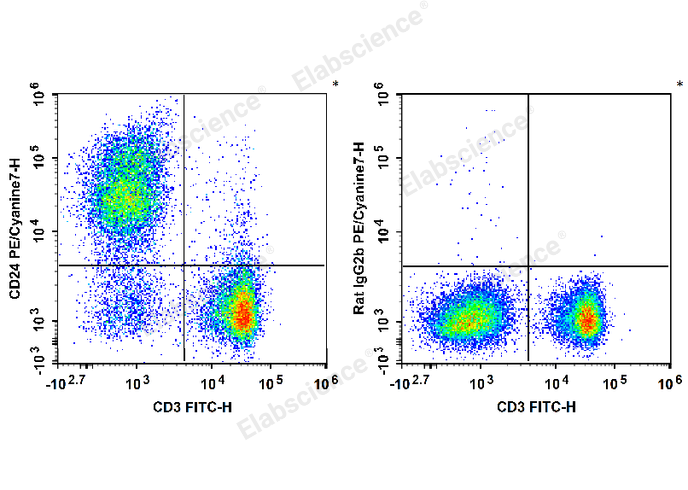 C57BL/6 murine splenocytes are stained with FITC Anti-Mouse CD3 Antibody and PE/Cyanine7 Anti-Mouse CD24 Antibody (Left). Splenocytes are stained with FITC Anti-Mouse CD3 Antibody and PE/Cyanine7 Rat IgG2b, κ Isotype Control (Right).