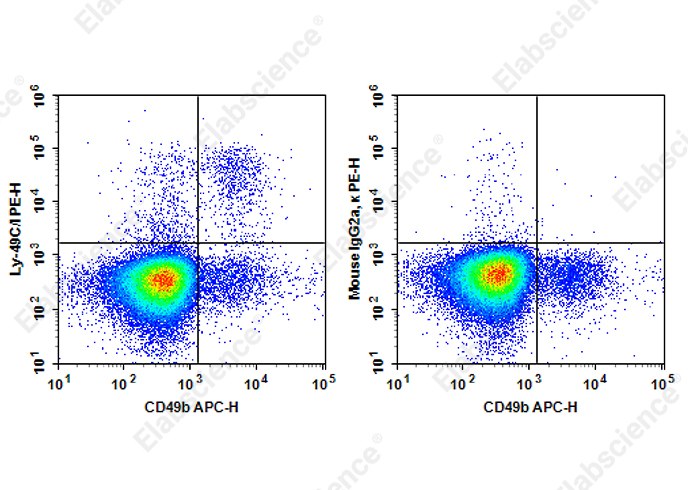 Staining of C57BL/6 murine splenocytes cells with APC Anti-Mouse 49b Antibody and PE Anti-Mouse Ly-49C/I Antibody[5E6] (left) or PE Mouse IgG2a, &kappa; Isotype Control (right). Total viable cells were used for analysis.