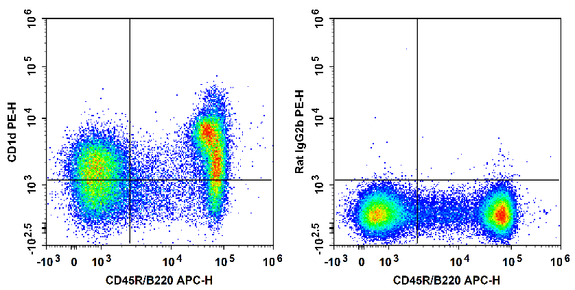 C57BL/6 murine splenocytes are stained with PE Anti-Mouse CD1d Antibody (filled gray histogram). Unstained splenocytes (empty black histogram) are used as control.