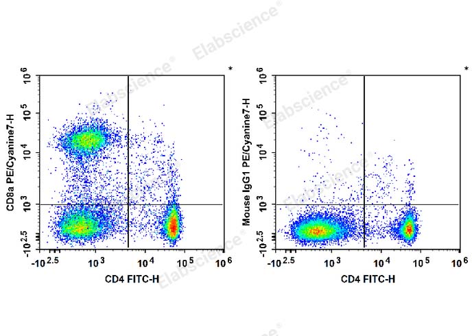 Rat splenocytes are stained with FITC Anti-Rat CD4(domain 1) Antibody and PE/Cyanine7 Anti-Rat CD8a Antibody (Left). Splenocytes are stained with FITC Anti-Rat CD4(domain 1) Antibody and PE/Cyanine7 Mouse IgG1, κ Isotype Control (Right).