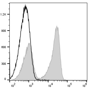 C57BL/6 murine splenocytes are stained with PerCP/Cyanine5.5 Anti-Mouse CD3 Antibody (filled gray histogram). Unstained splenocytes (empty black histogram) are used as control.