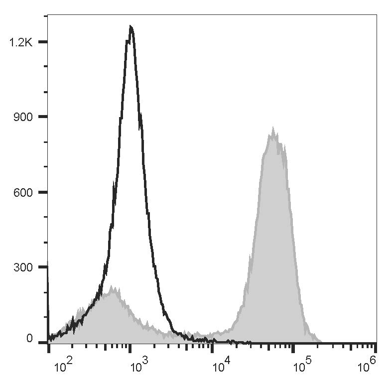 C57BL/6 murine bone marrow cells are stained with FITC Anti-Mouse/Human CD11b Antibody (filled gray histogram). Unstained bone marrow cells (empty black histogram) are used as control.