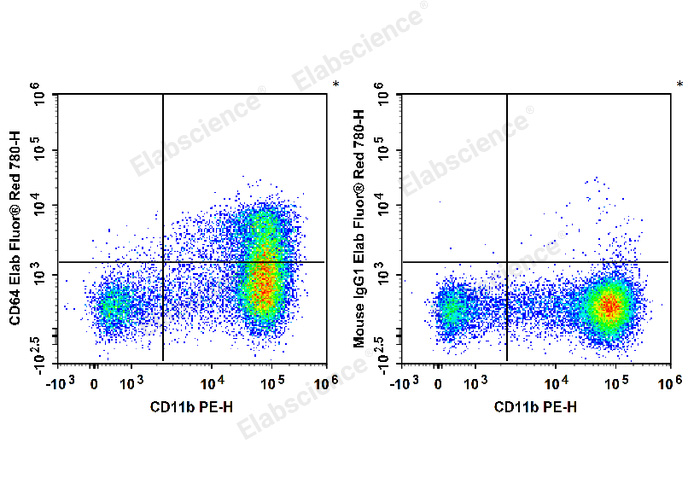 C57BL/6 murine bone marrow cells are stained with PE Anti-Mouse/Human CD11b Antibody and Elab Fluor® Red 780 Anti-Mouse CD64 Antibody (Left). Bone marrow cells are stained with PE Anti-Mouse/Human CD11b Antibody and Elab Fluor® Red 780 Mouse IgG1, κ Isotype Control (Right).