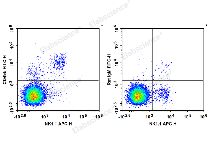 C57BL/6 murine splenocytes are stained with APC Anti-Mouse CD161/NK1.1 Antibody and FITC Anti-Mouse CD49b Antibody (Left). Splenocytes are stained with APC Anti-Mouse CD161/NK1.1 Antibody and FITC Rat IgM, κ Isotype Control (Right).