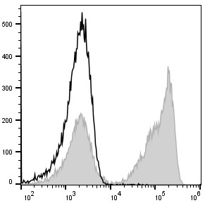 C57BL/6 murine splenocytes are stained with PE Anti-Mouse CD3 Antibody (filled gray histogram). Unstained splenocytes (empty black histogram) are used as control.