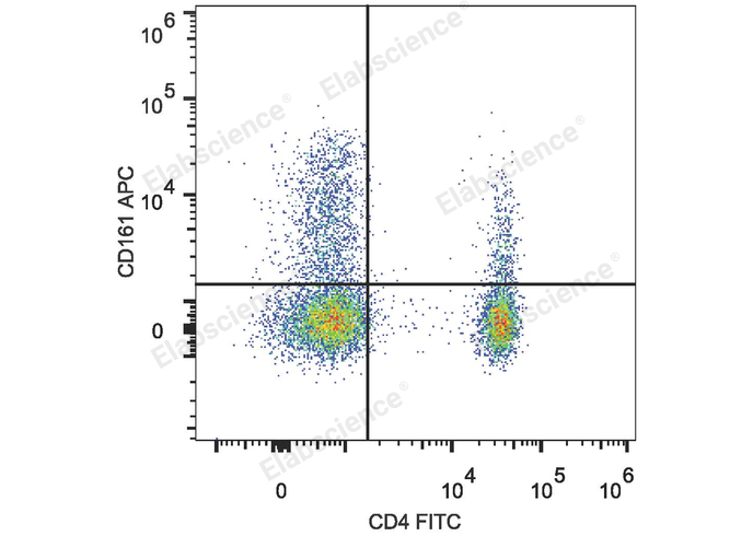 Human peripheral blood lymphocytes are stained with APC Anti-Human CD161 Antibody and FITC Anti-Human CD4 Antibody.