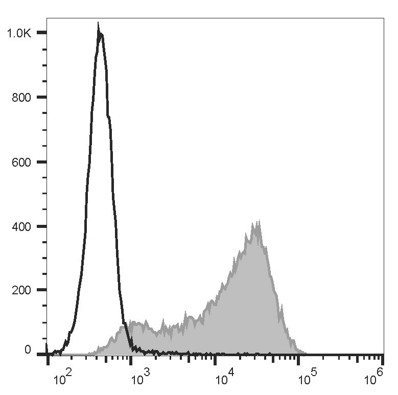 C57BL/6 murine splenocytes are stained with PerCP/Cyanine5.5 Anti-Mouse CD62L Antibody (filled gray histogram). Unstained splenocytes (empty black histogram) are used as control.