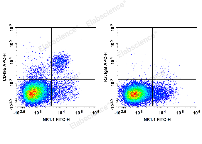 C57BL/6 murine splenocytes are stained with FITC Anti-Mouse CD161/NK1.1 Antibody and APC Anti-Mouse CD49b Antibody (Left). Splenocytes are stained with FITC Anti-Mouse CD161/NK1.1 Antibody and APC Rat IgM, κ Isotype Control (Right).