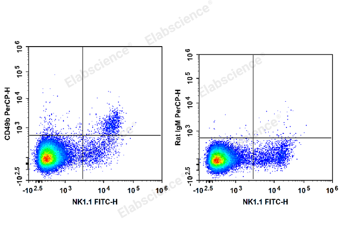 C57BL/6 murine splenocytes are stained with FITC Anti-Mouse CD161/NK1.1 Antibody and PerCP Anti-Mouse CD49b Antibody (Left). Splenocytes are stained with FITC Anti-Mouse CD161/NK1.1 Antibody and PerCP Rat IgM, κ Isotype Control (Right).