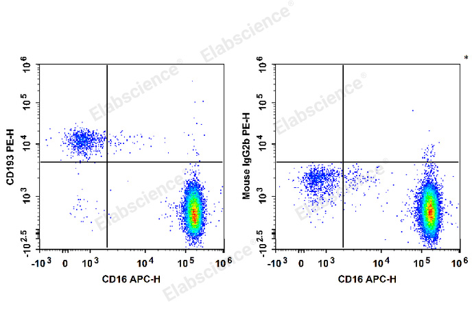 Human peripheral blood granulocytes are stained with APC Anti-Human CD16 Antibody and PE Anti-Human CD193/CCR3 Antibody (Left). Granulocytes are stained with APC Anti-Human CD16 Antibody and PE Mouse IgG2b,κ Isotype Control (Right).