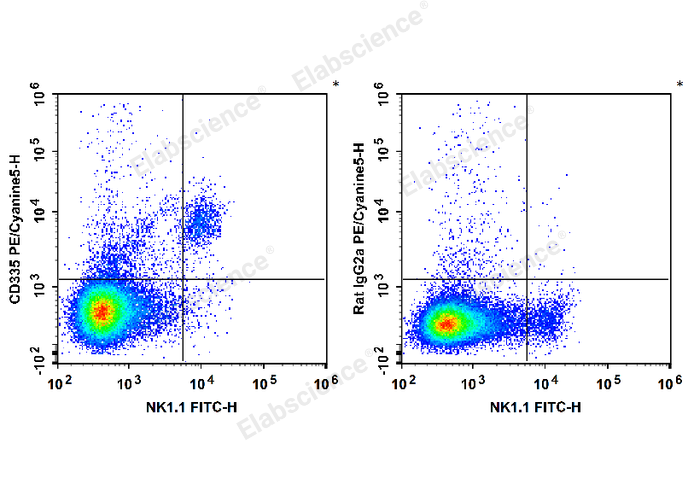 C57BL/6 murine splenocytes are stained with FITC Anti-Mouse NK1.1 Antibody and PE/Cyanine5 Anti-Mouse CD335 Antibody (Left). Splenocytes are stained with FITC Anti-Mouse NK1.1 Antibody and PE/Cyanine5 Rat IgG2a, κ Isotype Control (Right).