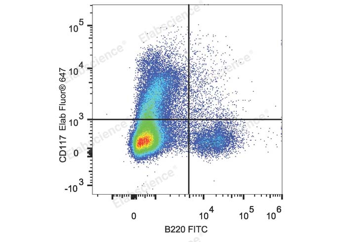 C57BL/6 murine bone marrow cells are stained with Elab Fluor® 647 Anti-Mouse CD117 Antibody and FITC Anti-Mouse B220 Antibody.