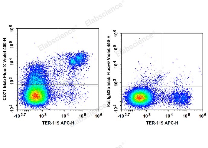 C57BL/6 mouse bone marrow cells are stained with APC Anti-Mouse TER-119 Antibody and Elab Fluor® Violet 450 Anti-Mouse CD71 Antibody (Left). Splenocytes are stained with APC Anti-Mouse TER-119 Antibody and Elab Fluor® Violet 450 Rat IgG2b Isotype Control (Right).