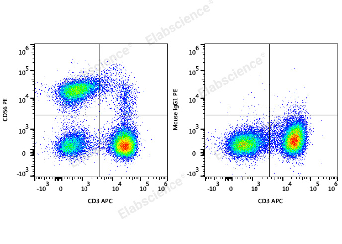 Human peripheral blood lymphocytes are stained with APC Anti-Human CD3 Antibody and PE Anti-Human CD56 Antibody (Left). Lymphocytes are stained with APC Anti-Human CD3 Antibody and PE Mouse IgG1, κ Isotype Control (Right).