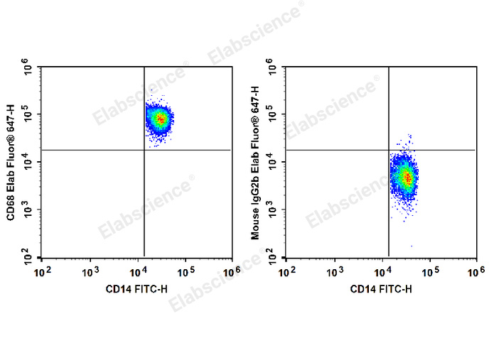 Human peripheral blood monocytes are stained with FITC Anti-Human CD14 Antibody and Elab Fluor® 647 Anti-Human CD68 Antibody (Left). Monocytes are stained with FITC Anti-Human CD14 Antibody and Elab Fluor® 647 Mouse IgG2b,κ Isotype Control (Right).