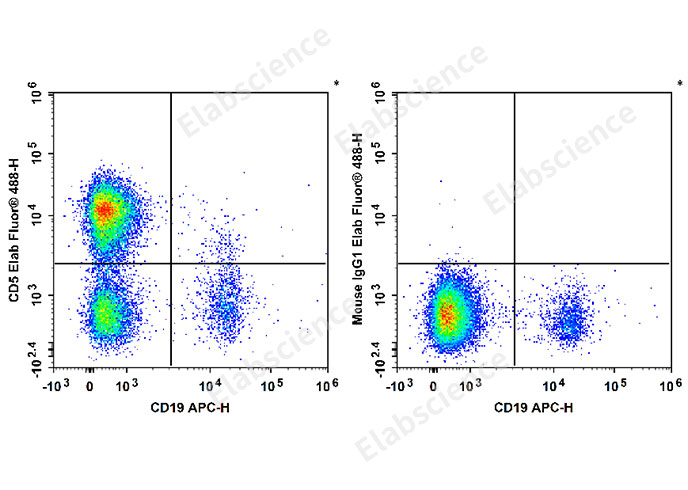 Human peripheral blood lymphocytes are stained with APC Anti-human CD19 Antibody and Elab Fluor® 488 Anti-Human CD5 Antibody[5D7] (Left). Lymphocytes are stained with APC Anti-human CD19 Antibody and Elab Fluor® 488 Mouse IgG1, κ Isotype Control (Right).