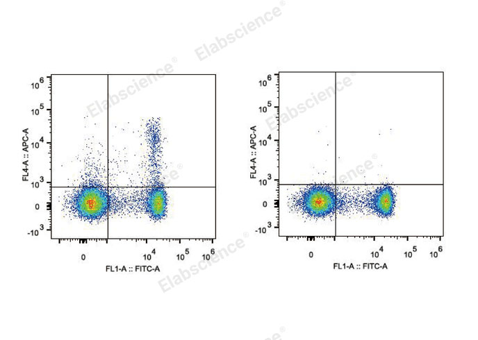 C57BL/6 murine splenocytes are stained with Elab Fluor® 647 Anti-Mouse CD25 Antibody and FITC Anti-Mouse CD4 Antibody (Left). Splenocytes stained with FITC Anti-Mouse CD4 Antibody and Rat IgG1 Isotype Control Elab Fluor® 647 (Right) are used as control.