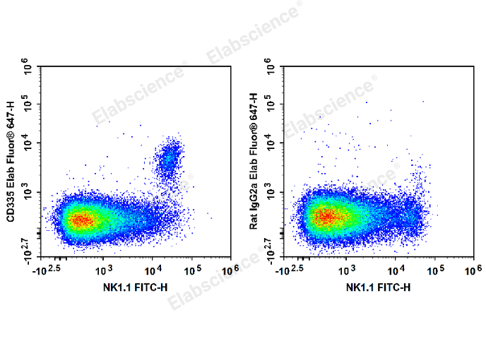 C57BL/6 murine splenocytes are stained with FITC Anti-Mouse NK1.1 Antibody and Elab Fluor® 647 Anti-Mouse CD335 Antibody (Left). Splenocytes are stained with FITC Anti-Mouse NK1.1 Antibody and Elab Fluor® 647 Rat IgG2a, κ Isotype Control (Right).