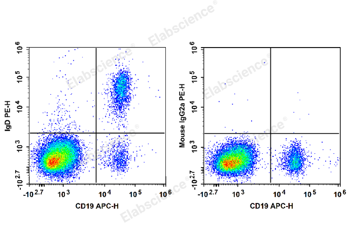 Human peripheral blood lymphocytes are stained with APC Anti-Human CD19 Antibody and PE Anti-Human IgD Antibody (Left). Lymphocytes are stained with APC Anti-Human CD19 Antibody and PE Mouse IgG2a, κ Isotype Control (Right).