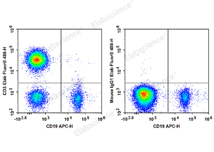 Human peripheral blood lymphocytes are stained with APC Anti-Human CD19 Antibody and Elab Fluor® 488 Anti-Human CD3 Antibody (Left). Lymphocytes are stained with APC Anti-Human CD19 Antibody and Elab Fluor® 488 Mouse IgG1, κ Isotype Control (Right).