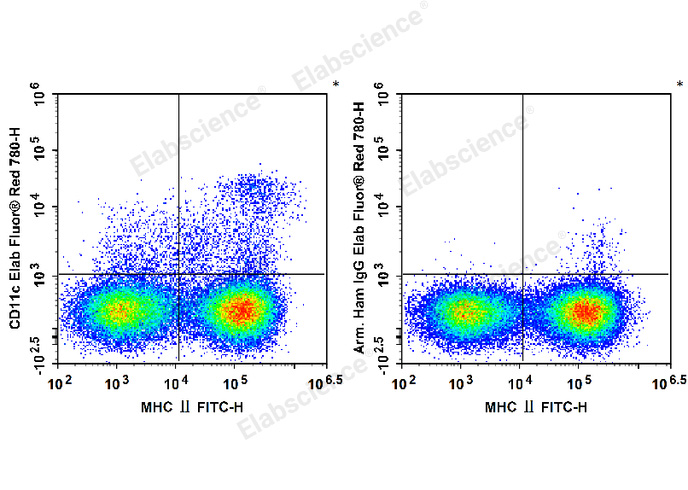 C57BL/6 murine splenocytes are stained with FITC Anti-Mouse MHC II (I-A/I-E) Antibody and Elab Fluor® Red 780 Anti-Mouse CD11c Antibody (Left). Splenocytes are stained with FITC Anti-Mouse MHC II (I-A/I-E) Antibody and Elab Fluor® Red 780 Armenian Hamster IgG Isotype Control (Right).